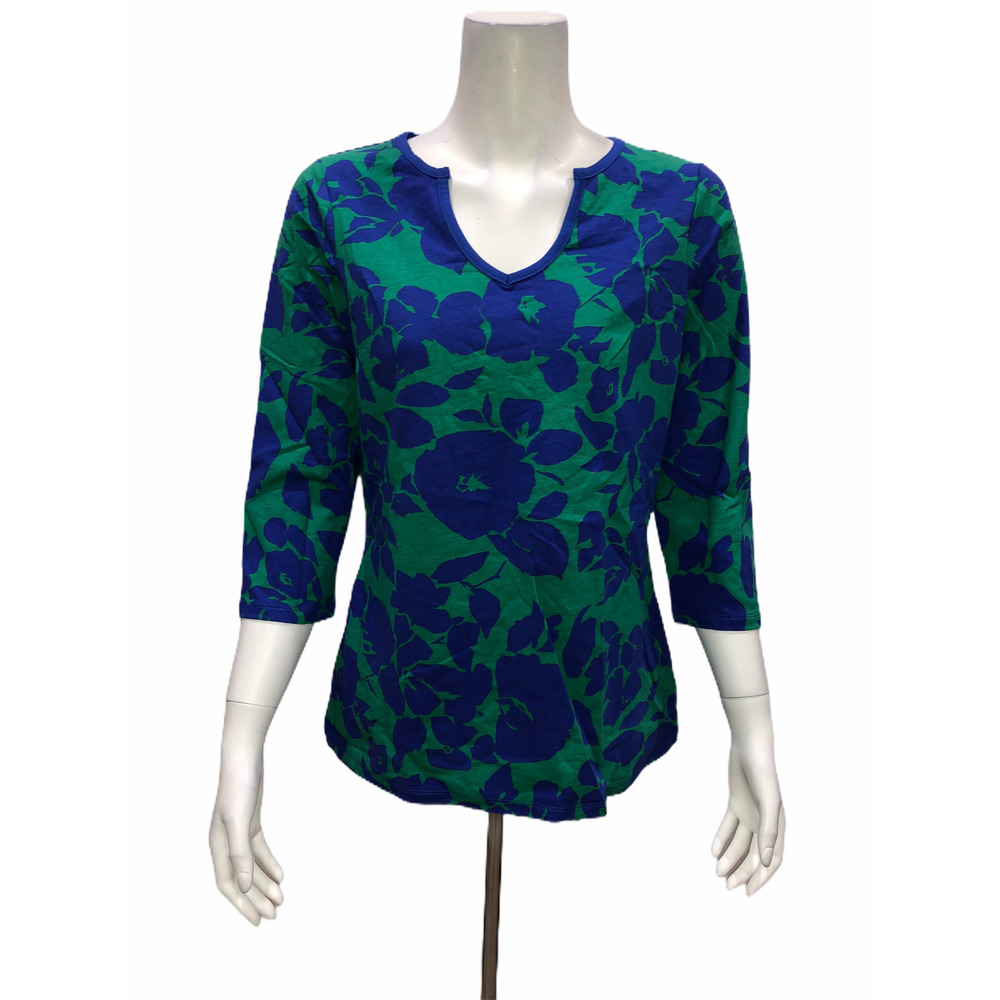 Liz Claiborne New York Women's Floral Printed Y-Neck Tee Blue/Green Small Size